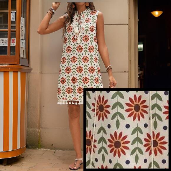 New Small Floral Hippie Boho Fringe Shift Sun Dress Retro Knee Sundress - Picture 2 of 5